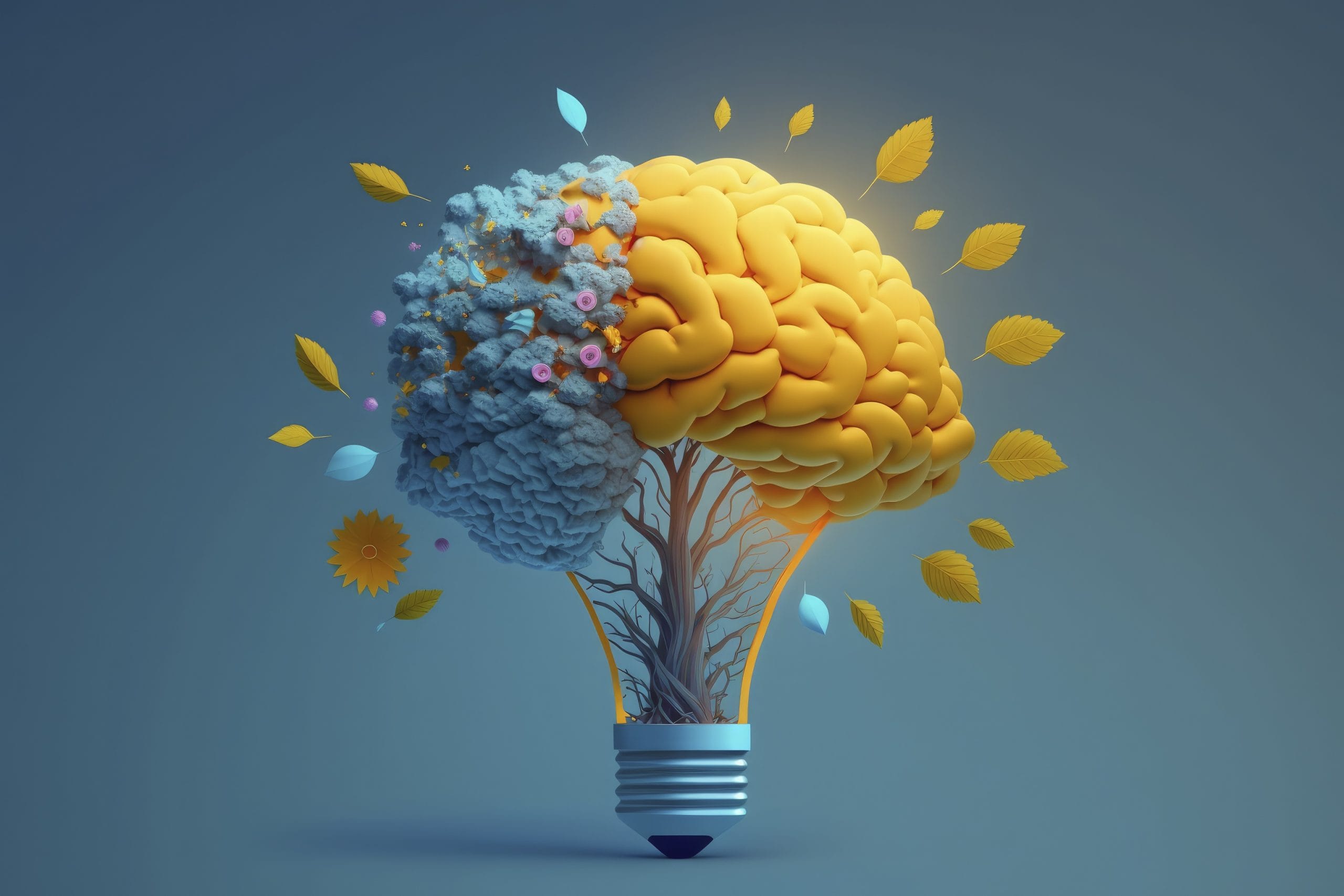 Human brain on tree with flowers concepts of yellow light on blu